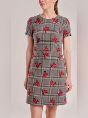 Brooks Brothers Glen Plaid Midi Dress with Red Floral Embroidery NWOT
